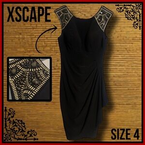 XSCAPE ruched black with silver & gold beads faux wrap cocktail DRESS size 4